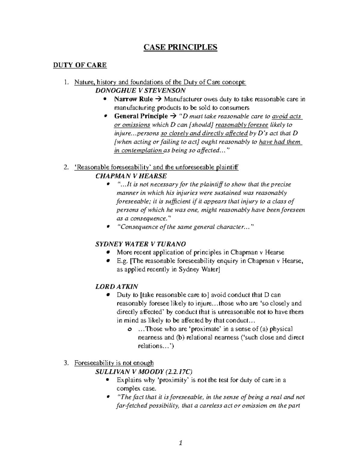 Torts Law Principles: Duty of Care and Key Case Analyses - Studocu