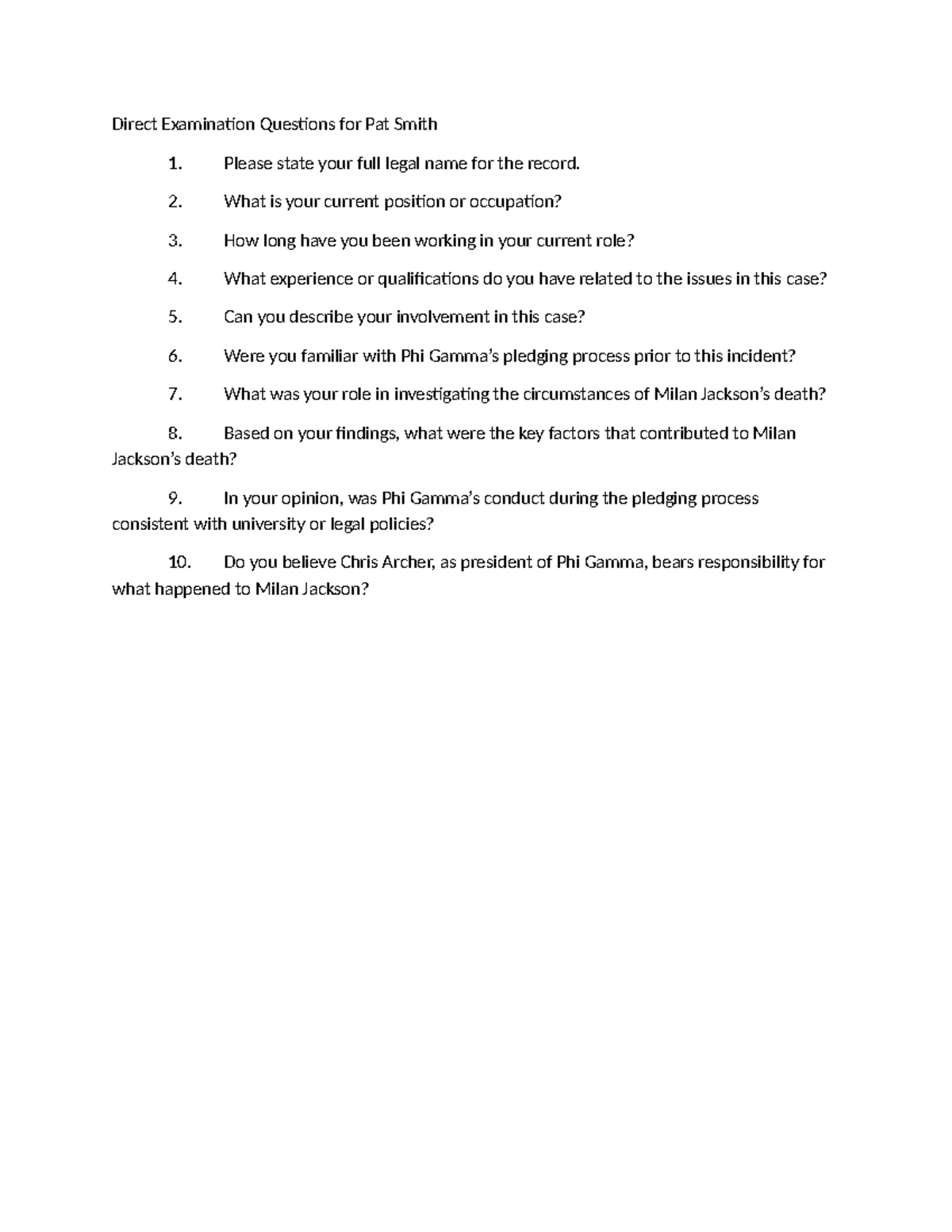 Direct Examination Questions for Pat Smith: Case Analysis - Studocu