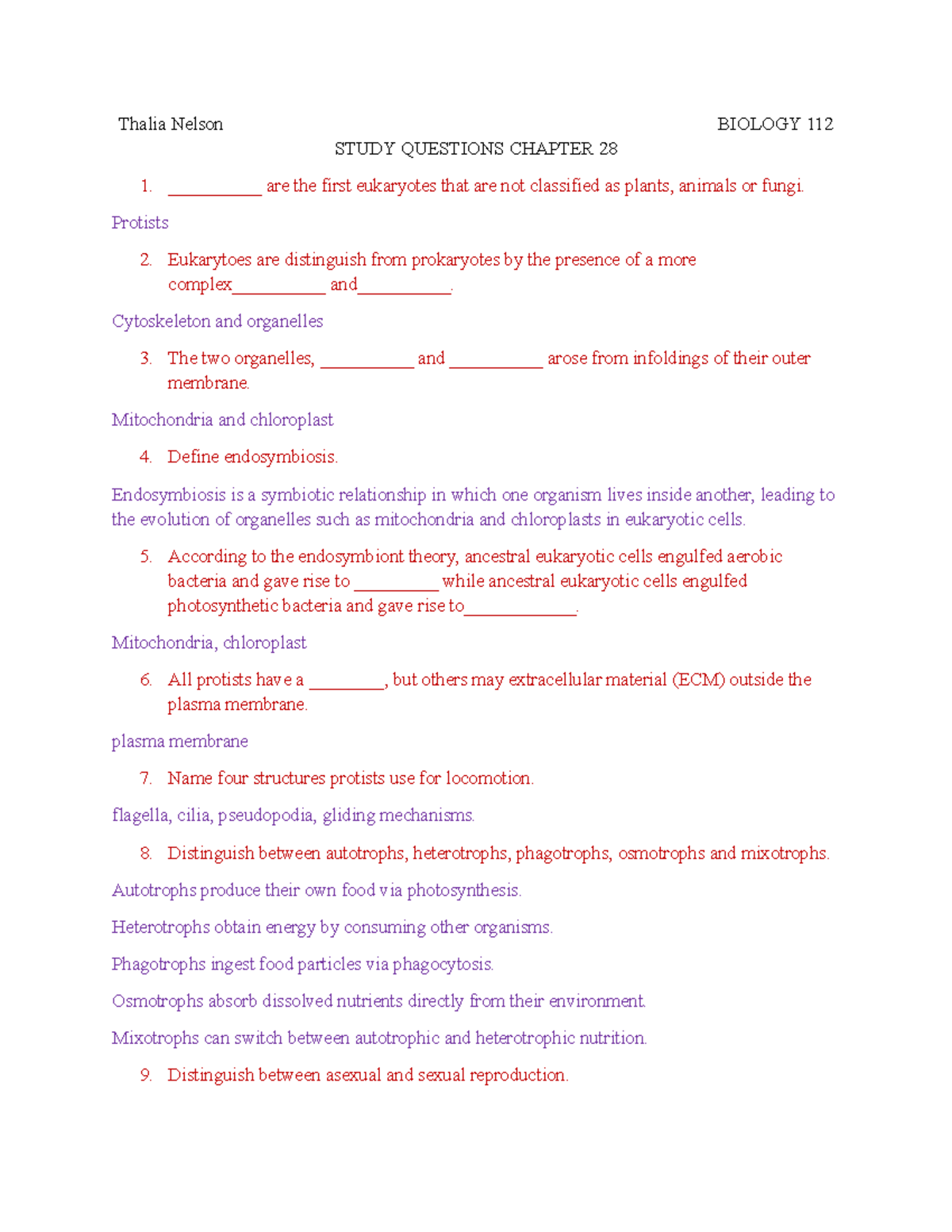 BIOLOGY 112: Study Questions on Protists and Their Key Features - Studocu