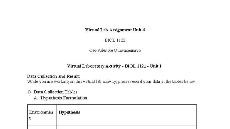 BIOL 1122 Virtual Lab Assignment: Units 1-3 Data Analysis - Studocu