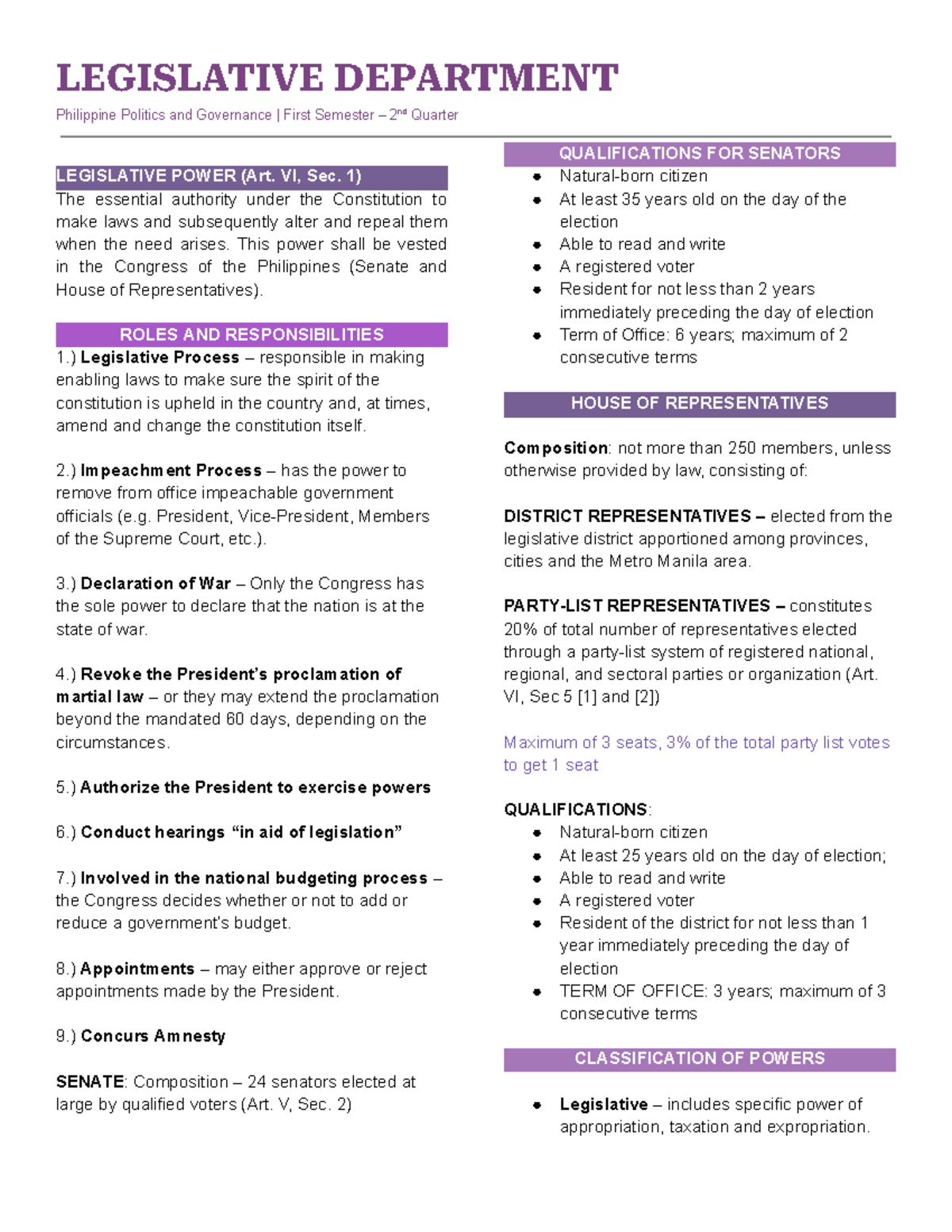 Philippine Politics and Governance: Legislative Branch Overview - Studocu