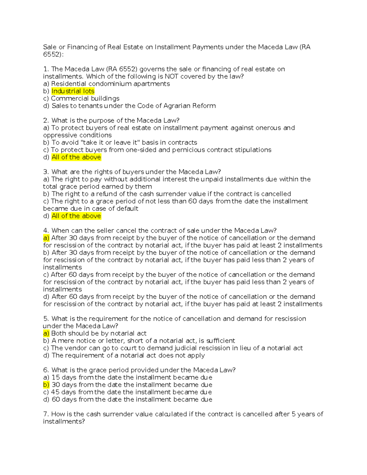 Maceda Law (RA 6552) Exam: Sale of Real Estate via Installments - Studocu