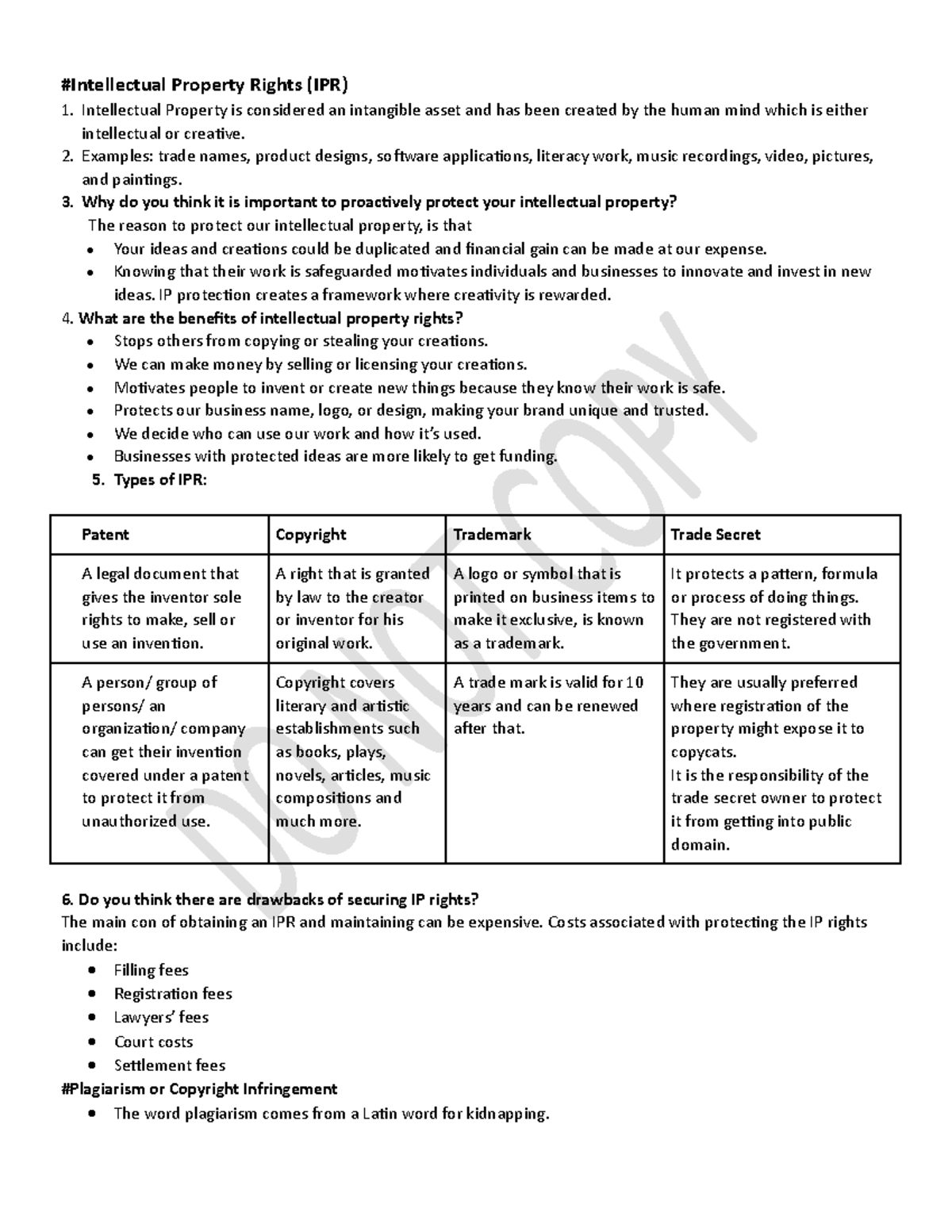 Intellectual Property Rights - Examples: trade names, product designs ...