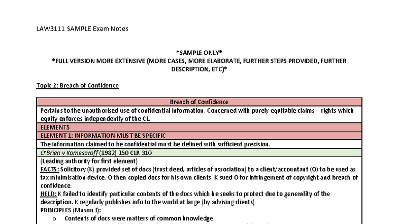 Boc-Sample Exam Notes: Breach of Confidence & Fiduciary Relationships ...