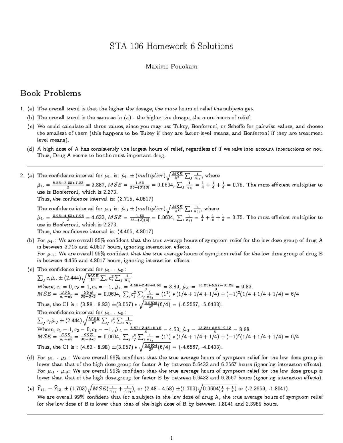 STA 106 Homework 6 Solutions and Analysis - Studocu