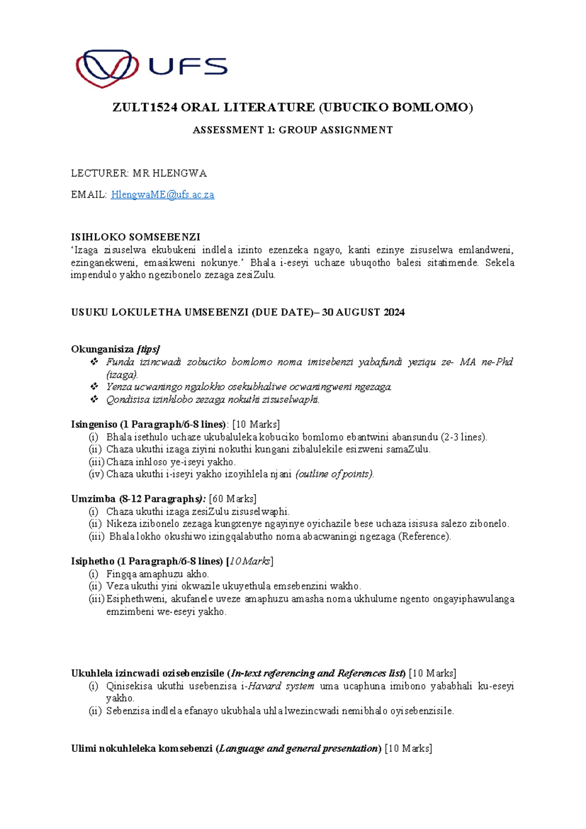 ZULT 1524 Group Assignment on Oral Literature: Essay Guidelines - Studocu