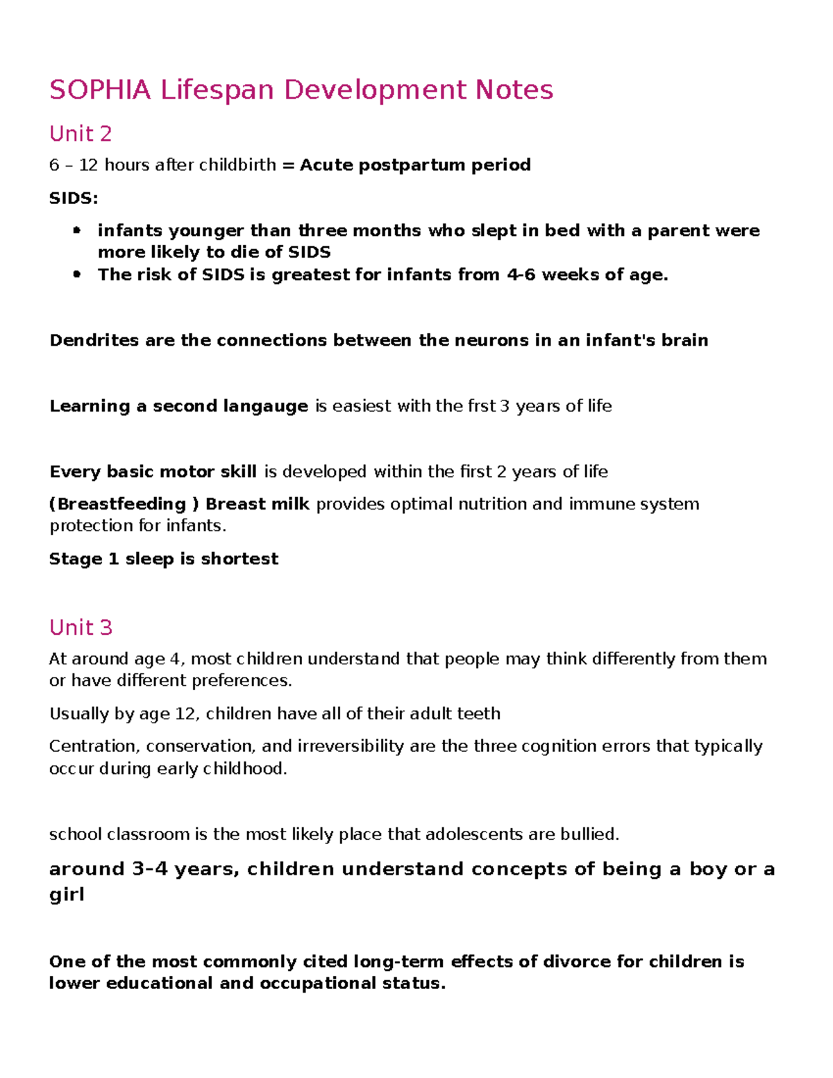 SOPHIA Lifespan Development Notes: Unit 2 & 3 Overview - Studocu