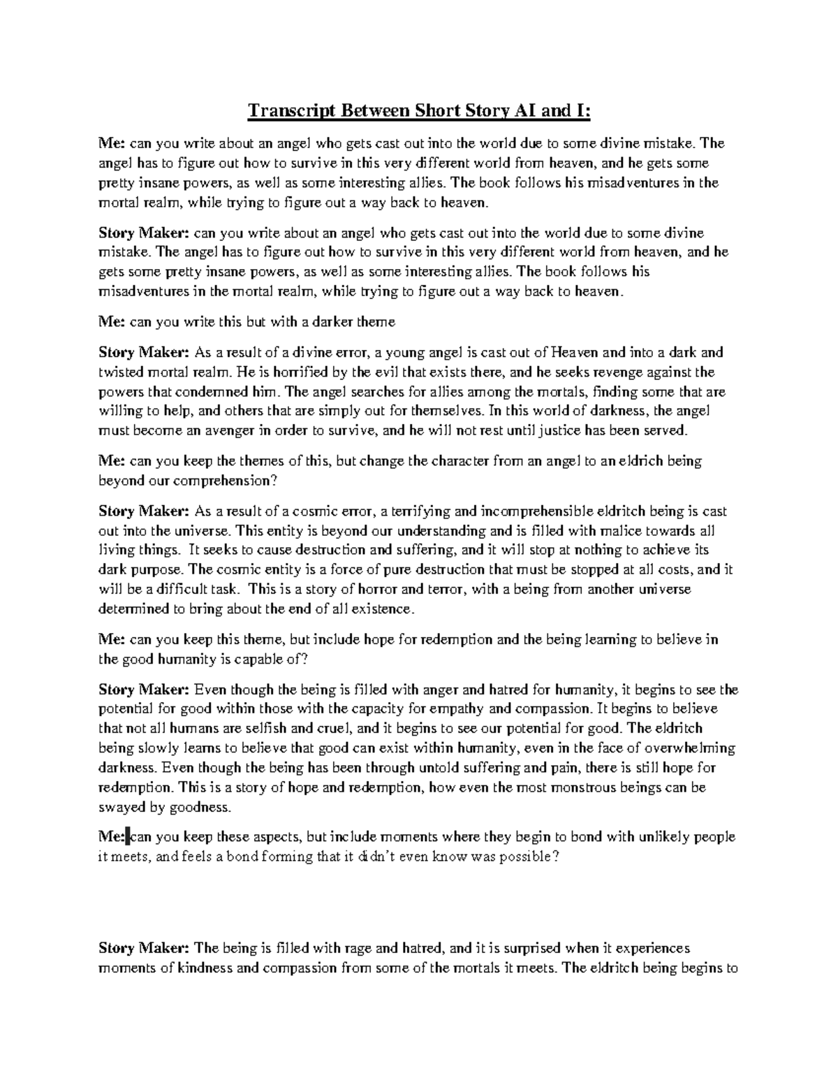 Short Story Writing - Transcript Between Short Story AI and I: Me: can ...