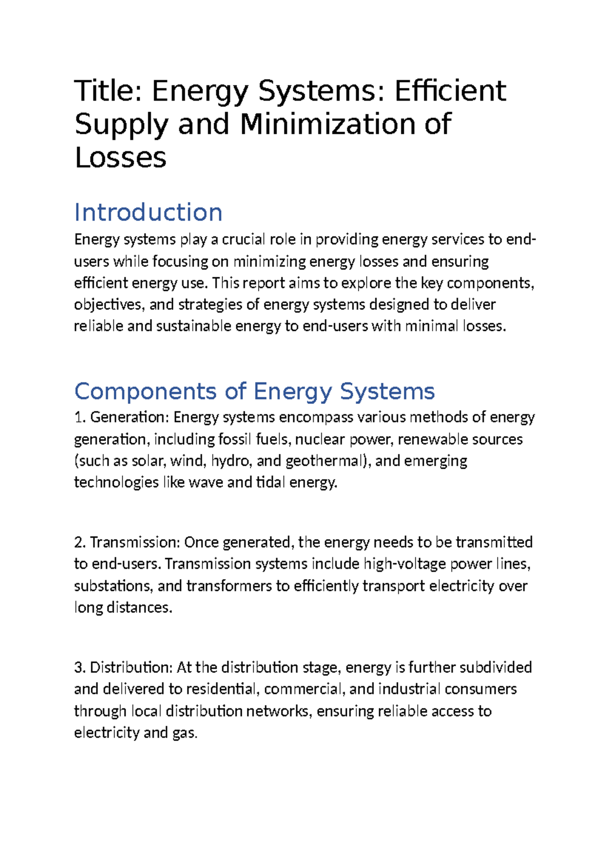 Energy Systems: Efficient Supply & Loss Minimization Report - Studocu