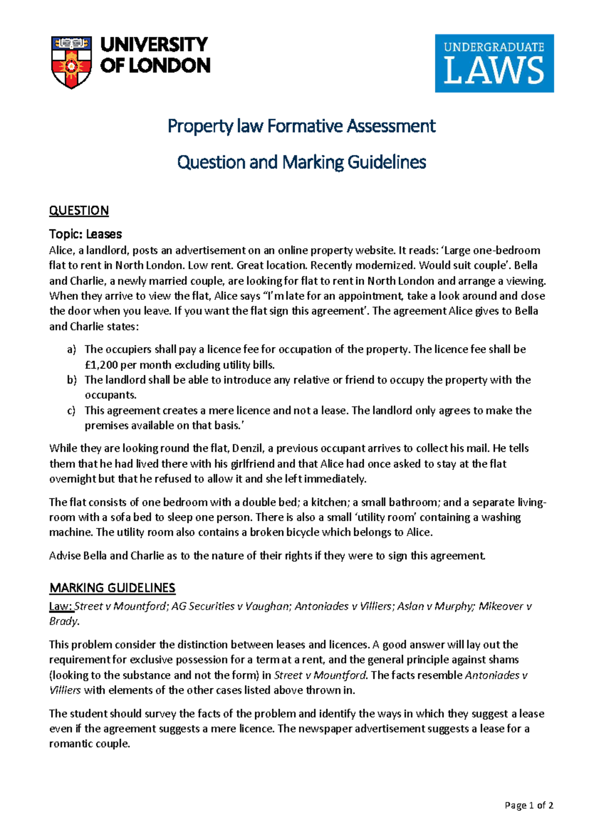 Property Law (LAW101): Formative Assessment on Leases - Marking ...
