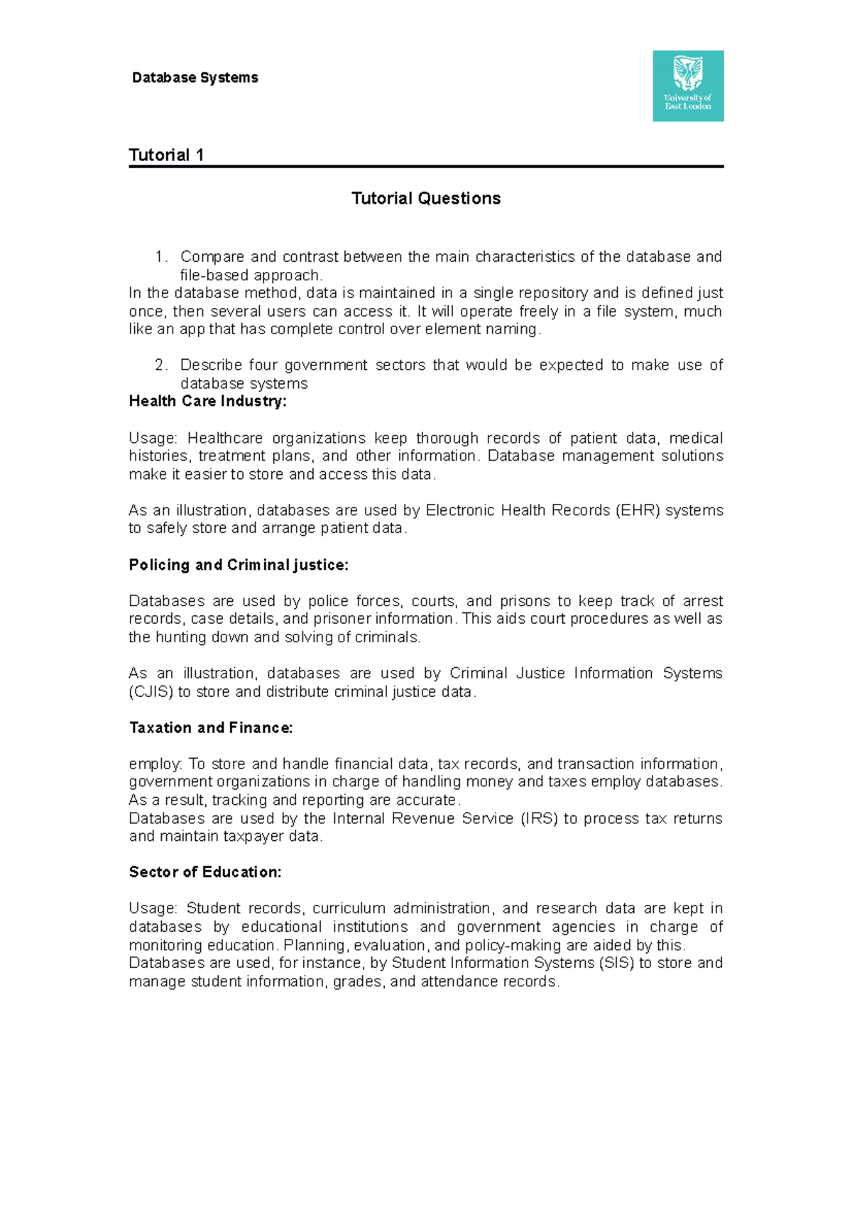 Database Systems: Tutorial 1 Questions & Key Concepts Overview - Studocu