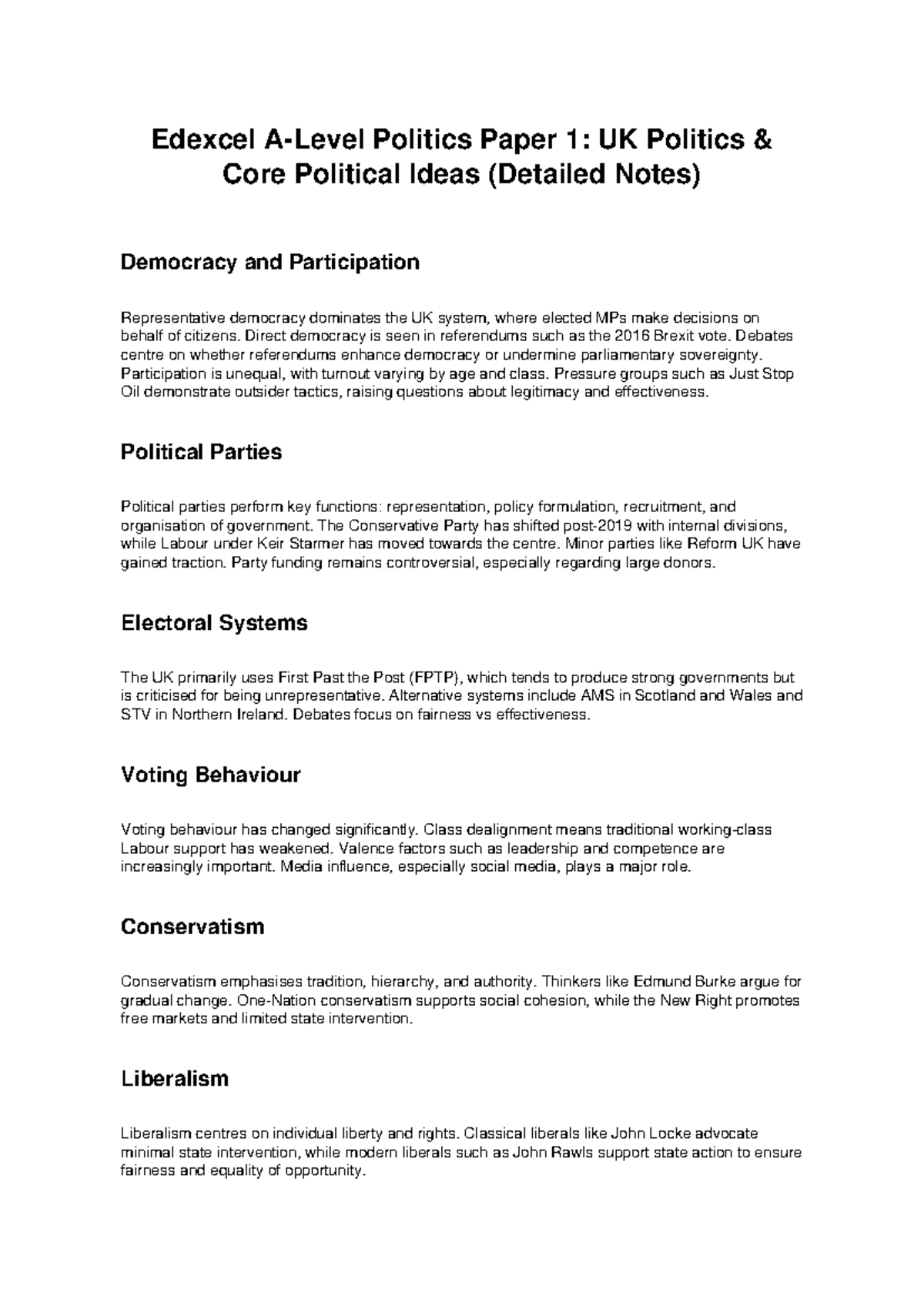 Edexcel Politics Paper 1: UK Politics Core Ideas (Detailed Notes) - Studocu