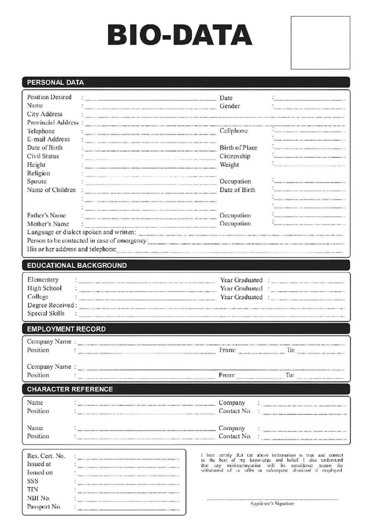 bio data form philippines (copyrighted) - personal data position