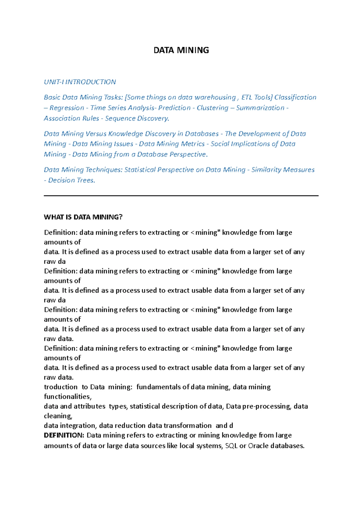 Data Mining Concepts and KDD Process - Unit 1 Notes - Studocu