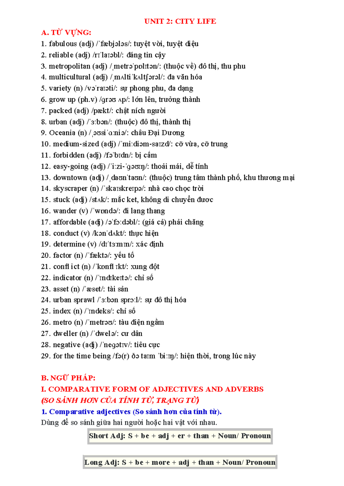 Unit 2: City Life Vocabulary & Grammar Notes for HS Class 10 - Studocu