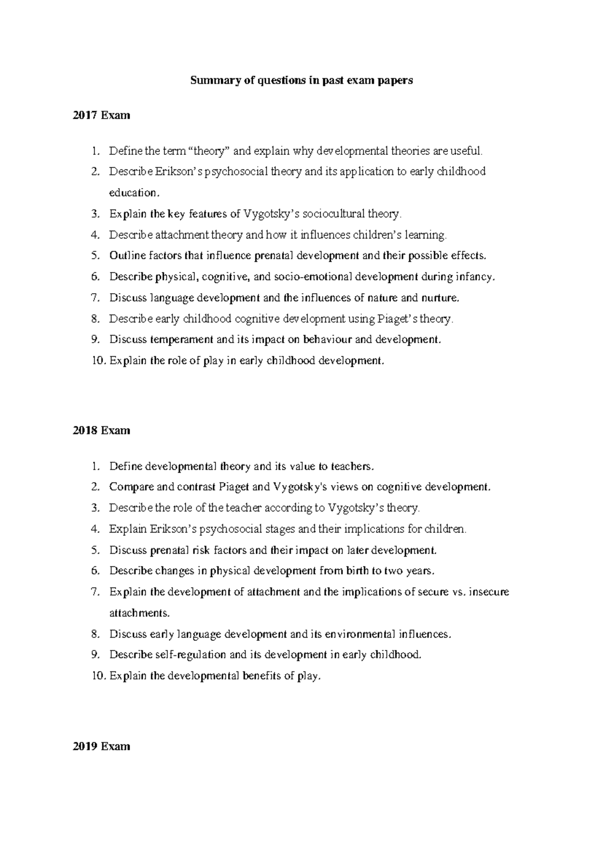Summary of Past Exam Questions: Child Development Theories (2017-2024 ...