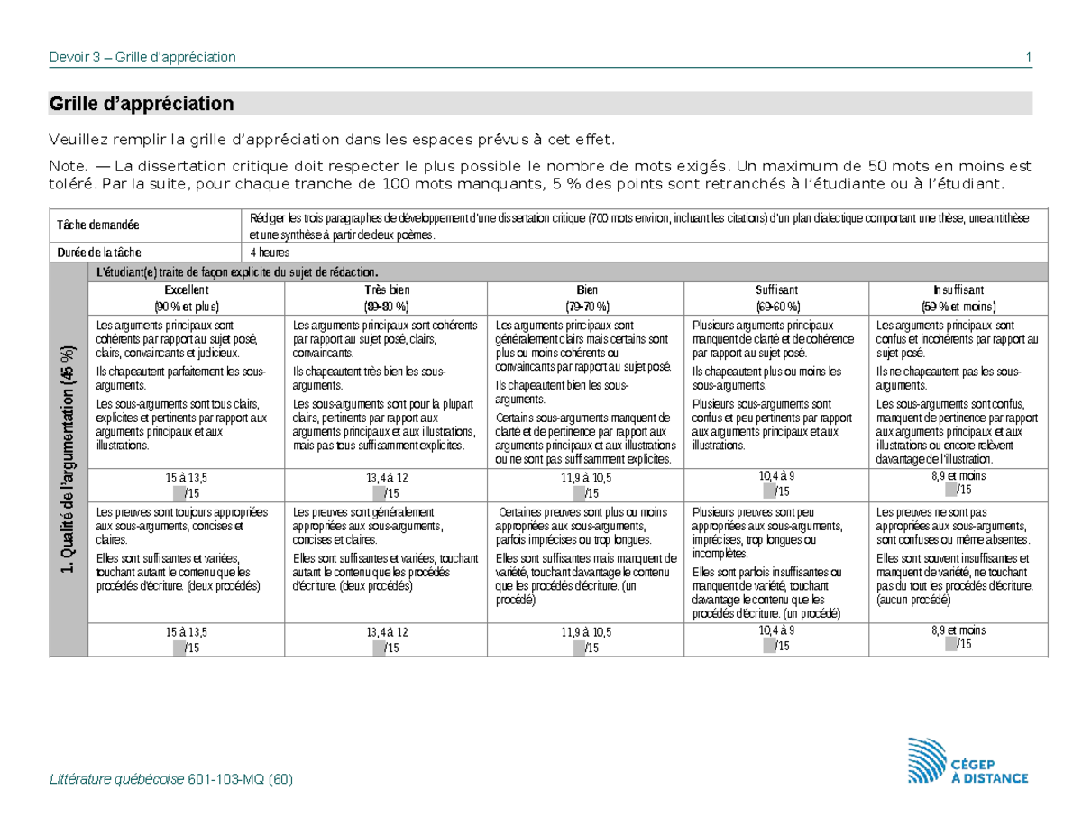 Devoir 3 Grille d'Évaluation pour Dissertation Critique (601-103-MQ ...