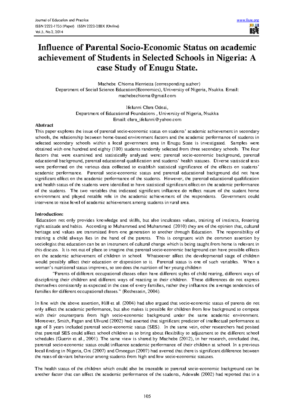 Influence of Parental Status on Students' Academic Achievement in ...