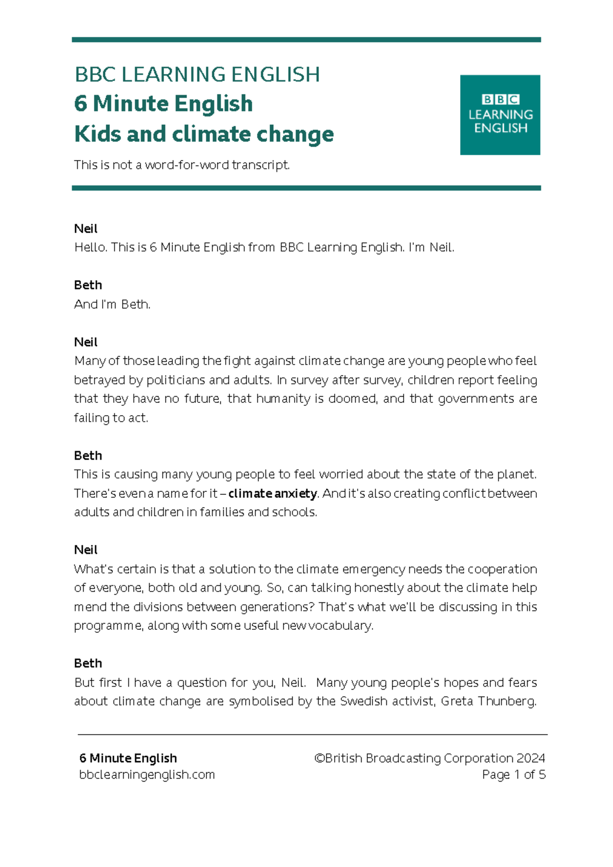 BBC LEARNING ENGLISH: 6 Minute English on Kids & Climate Change - Studocu