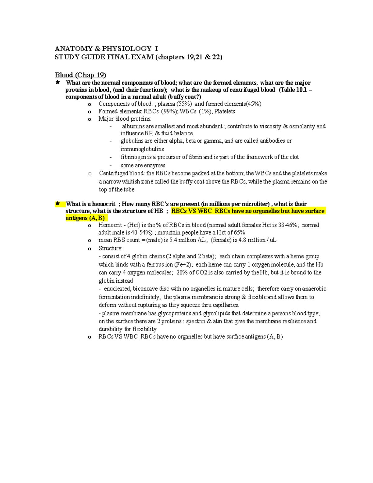 Final study guide - ANATOMY & PHYSIOLOGY I STUDY GUIDE FINAL EXAM ...