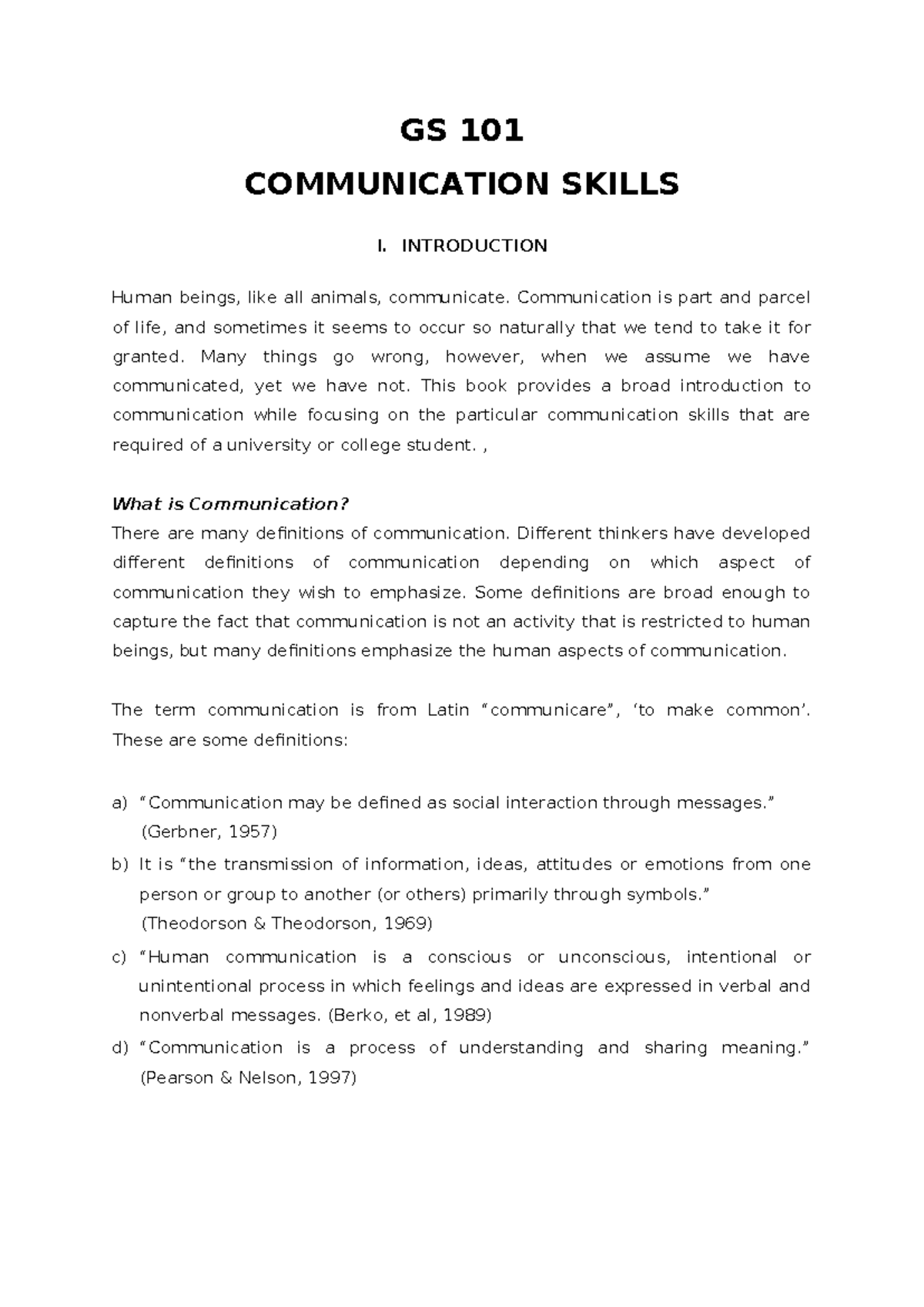 GS 101 COMMUNICATION SKILLS I: Understanding the Basics of ...