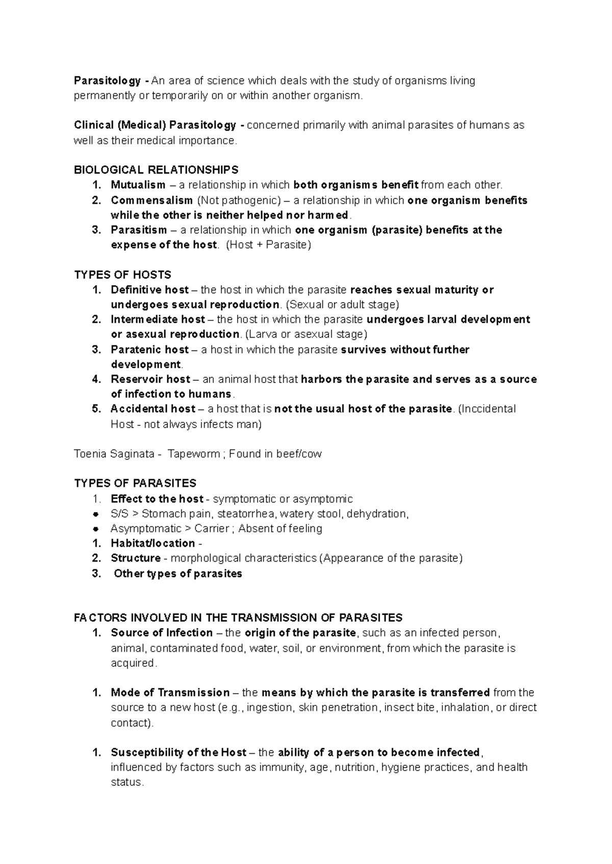 Parasitology Lec - Comprehensive Study Notes on Host-Organism ...