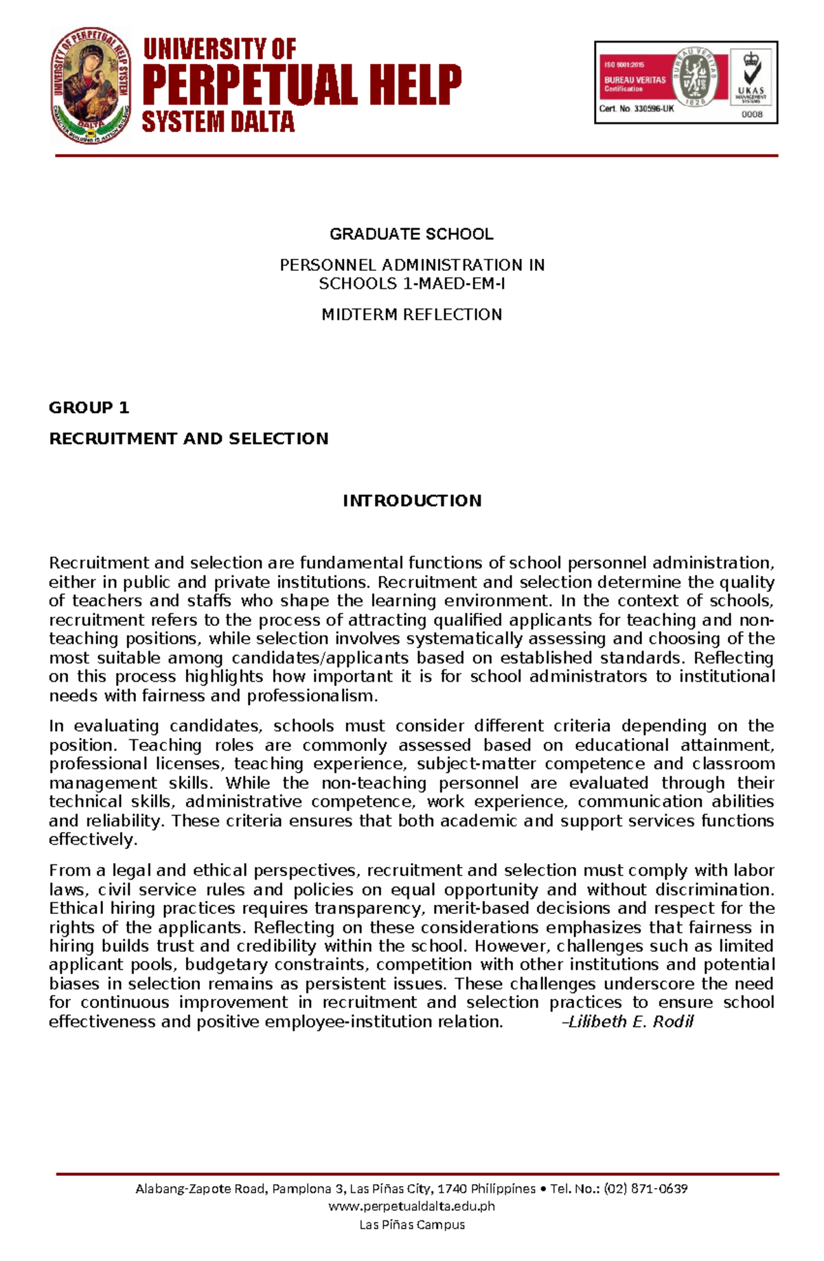 UPHSD Graduate School Personnel Admin Midterm Reflection on Recruitment ...