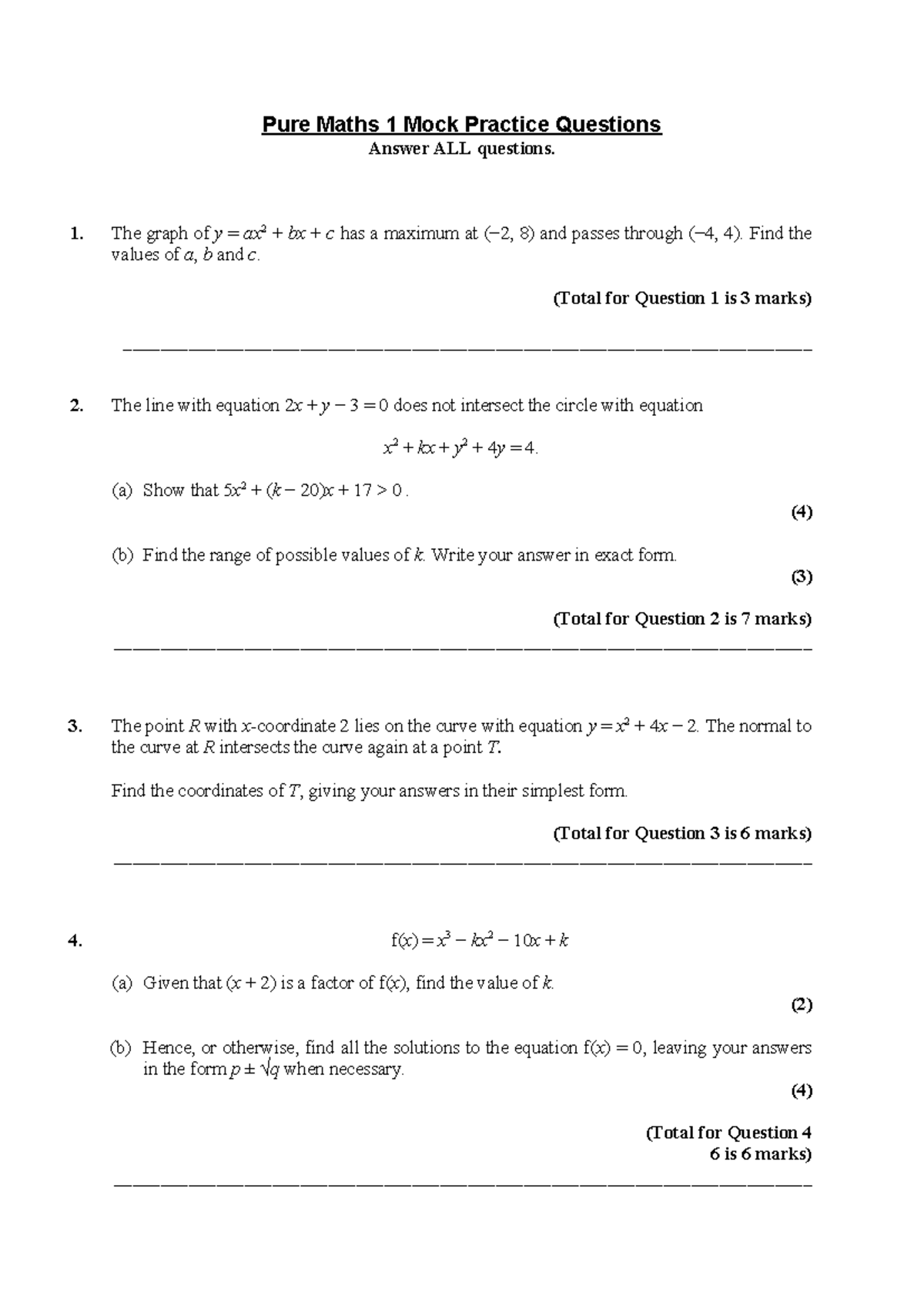 Pure Maths 1 Mock Practice Paper: Practice Questions and Solutions ...