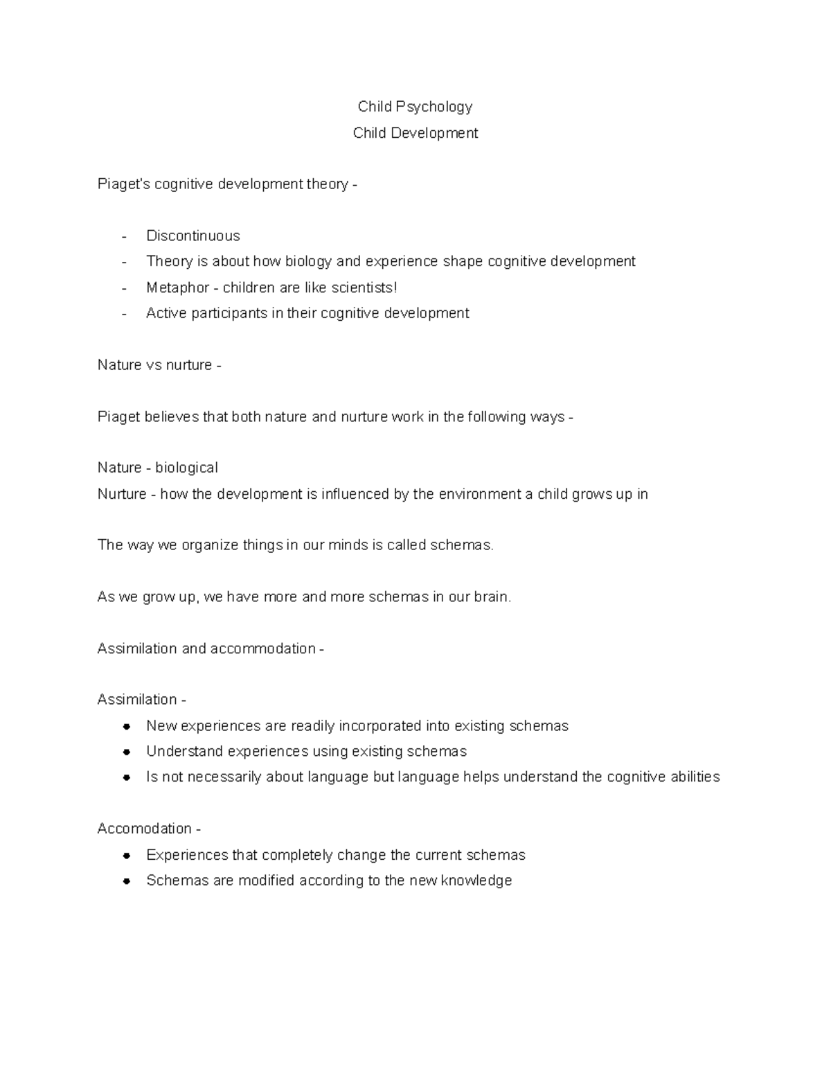 Child Psychology Notes 1: Piaget's Cognitive Development Theory - Studocu