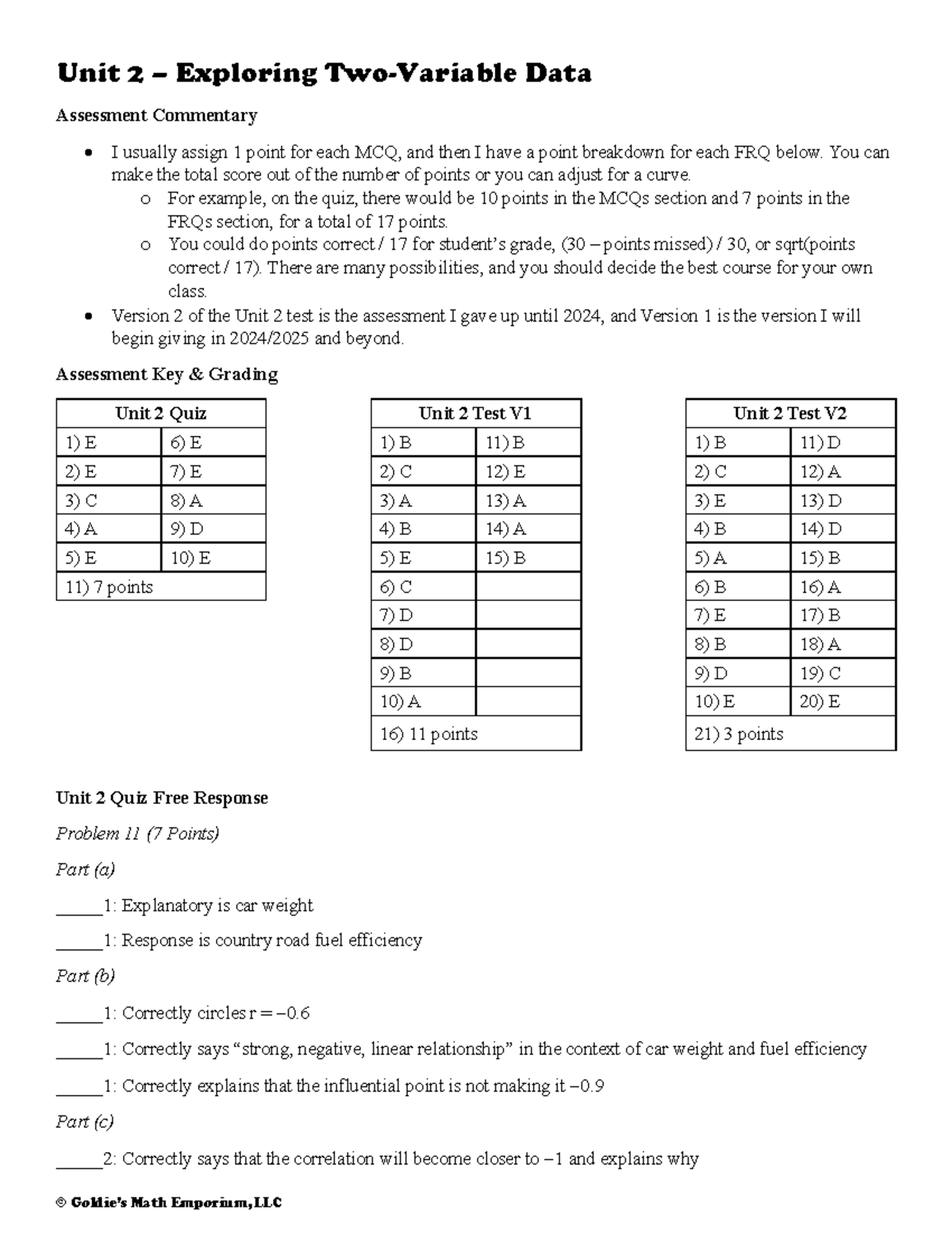 Unit 2 Grading Key - Hhh - © Goldie’s Math Emporium, LLC Unit 2 ...
