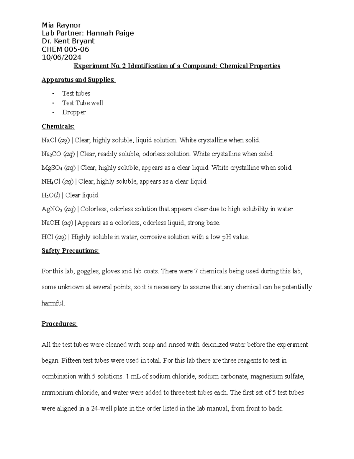 CHEM 005 Experiment 2: Identification of Compounds & Chemical Reactions ...