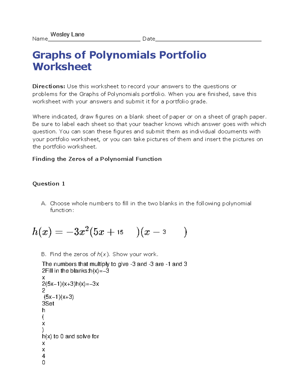 Algebra 2: Graphs of Polynomials Portfolio Worksheet - Studocu