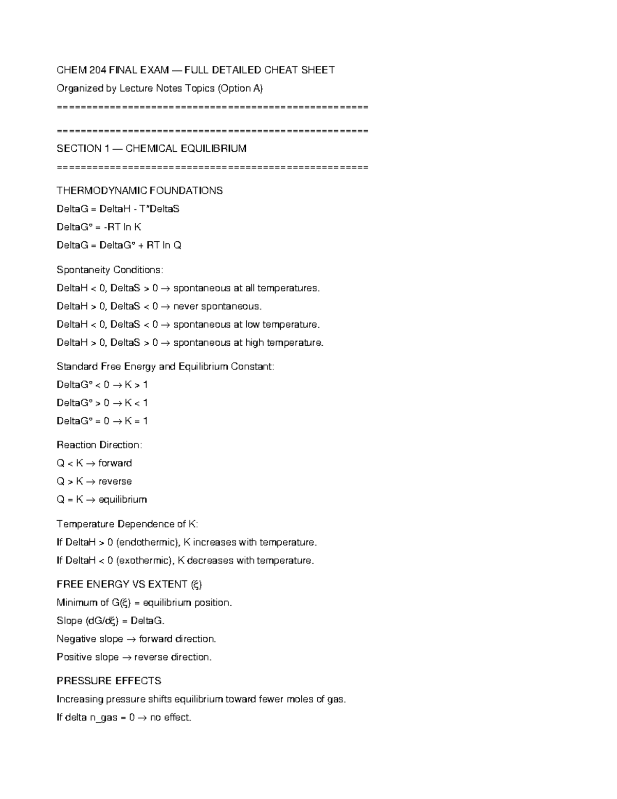 CHEM 204 FINAL EXAM DETAILED CHEAT SHEET Organized by Topics - Studocu
