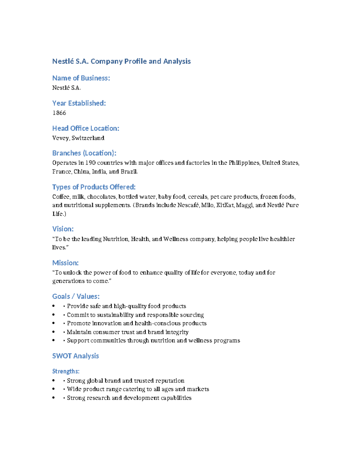 Nestlé S.A. Company Profile & SWOT Analysis (BUS 101) - Studocu
