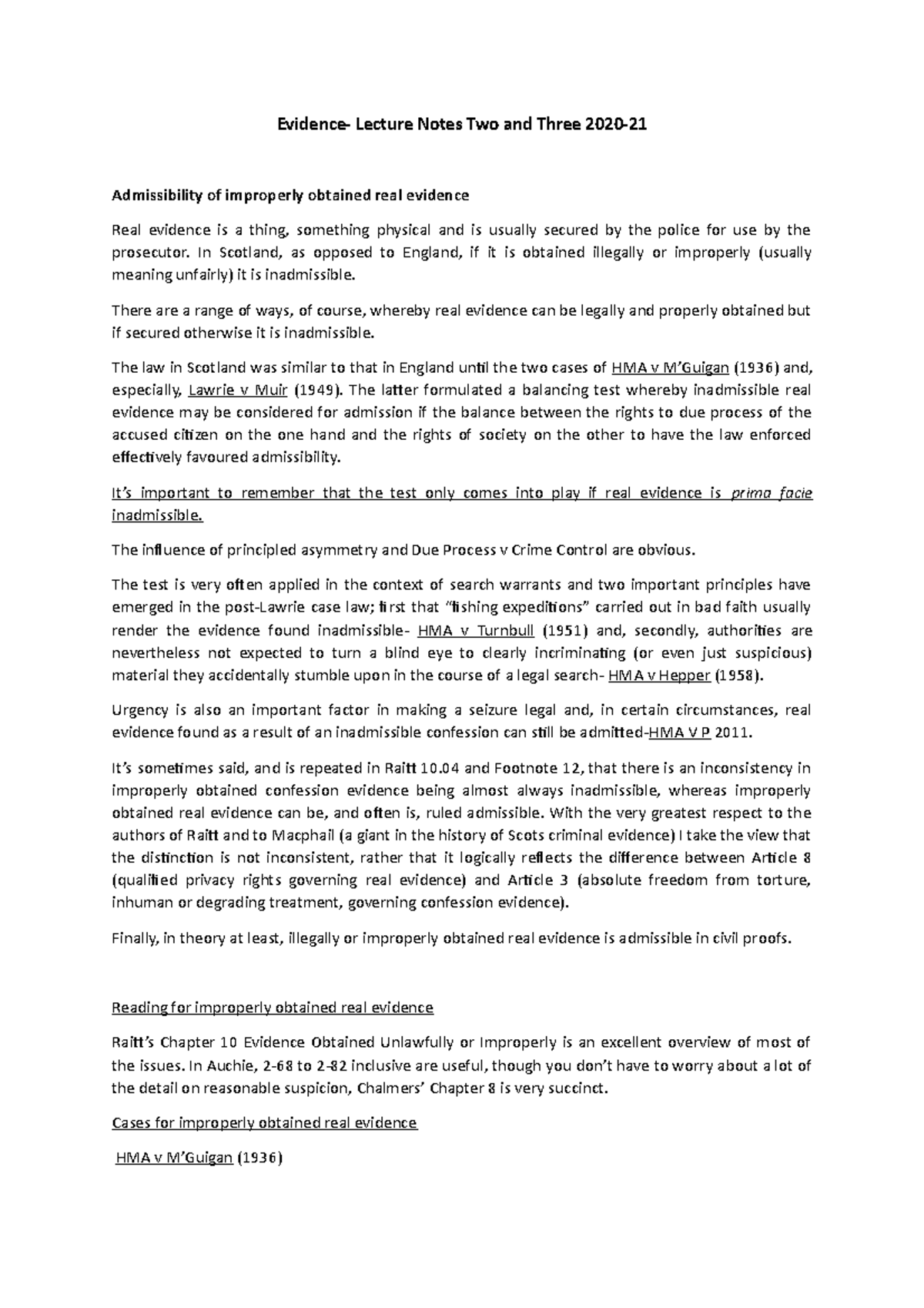 Lecture Notes Two and Three 2020-21 - Evidence- Lecture Notes Two and ...