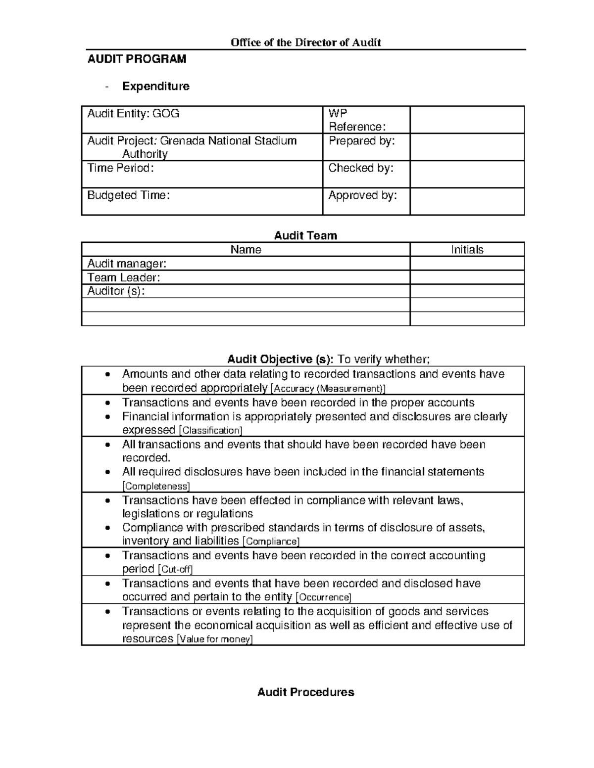 Audit Program for Grenada National Stadium - 4th Grade Audit 2 - Studocu
