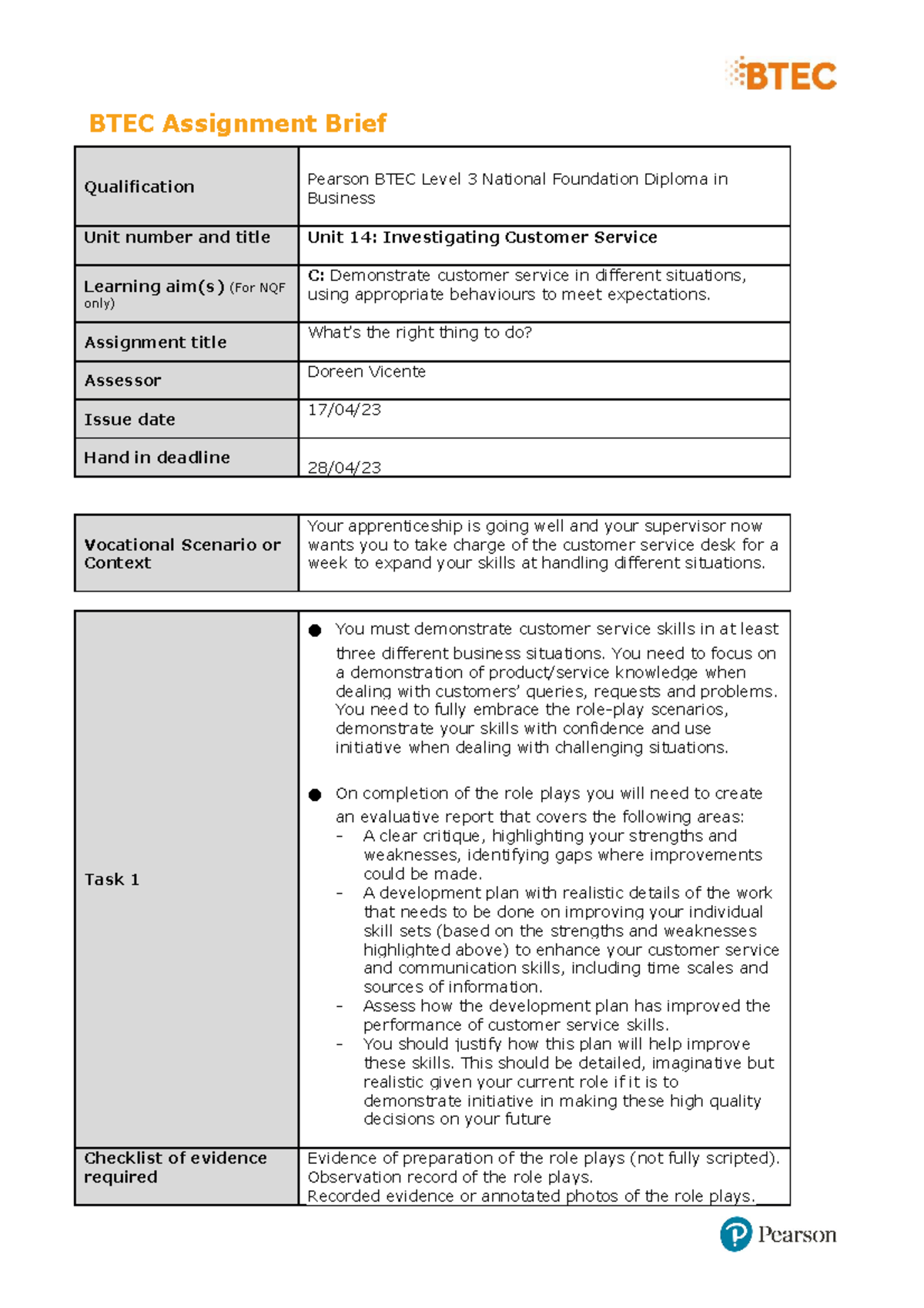 Unit 14 Customer Service Assignment Brief: Investigating Behaviors ...