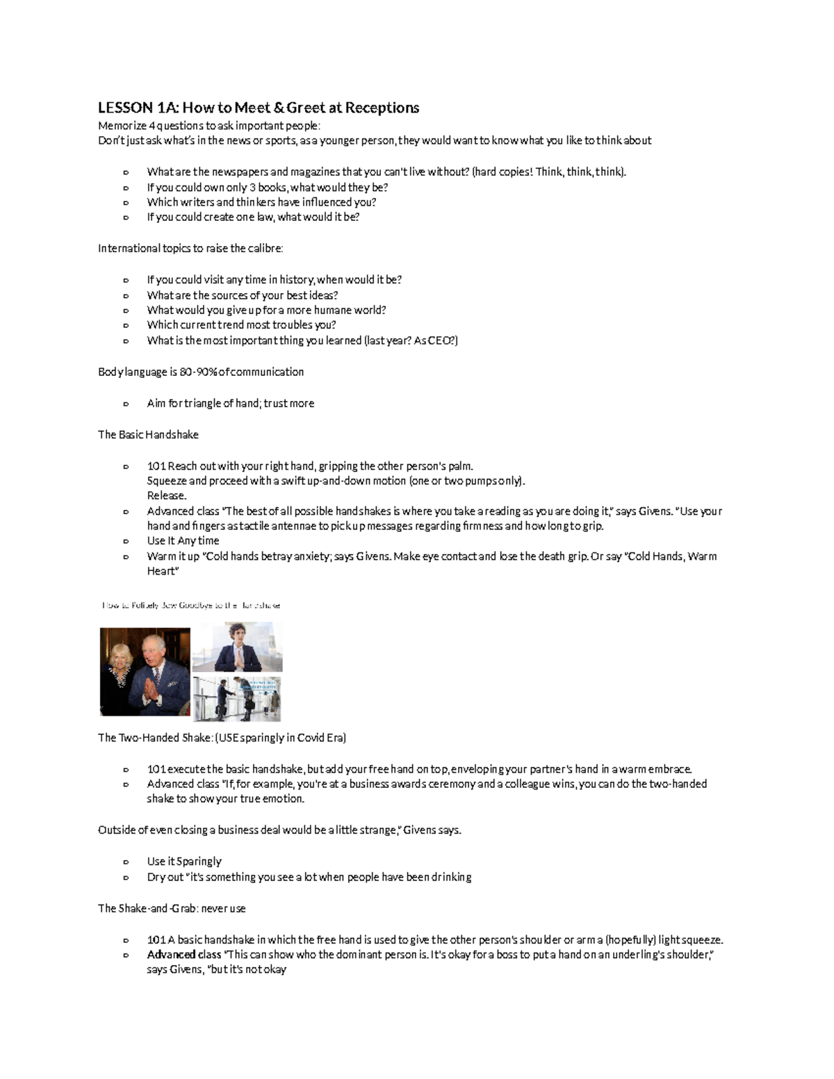 Polisci 2191A - notes - LESSON 1A: How to Meet & Greet at Receptions ...