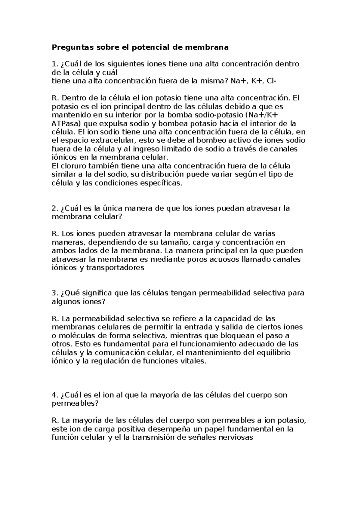 Potencial de Membrana: Preguntas y Respuestas sobre Iones - Document Preview