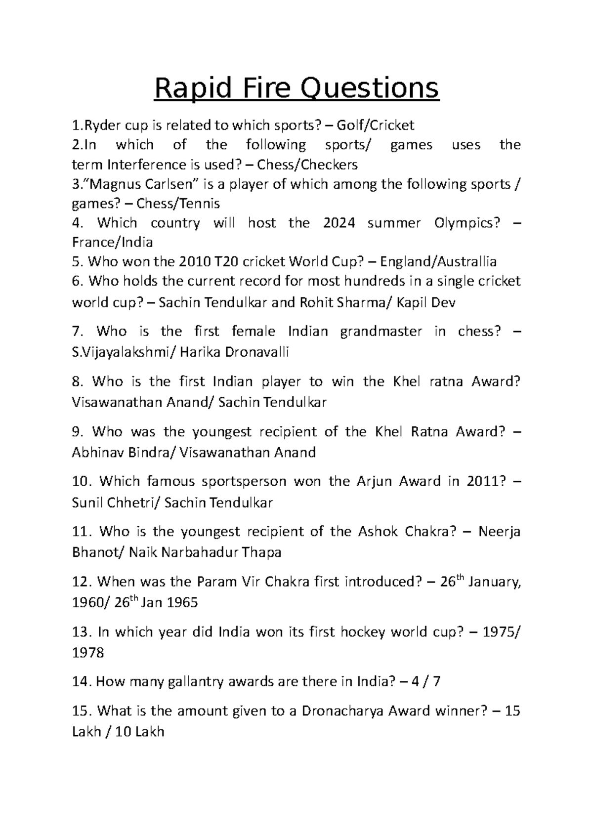 Rapid Fire Questions on Sports & Awards: General Knowledge Quiz - Studocu