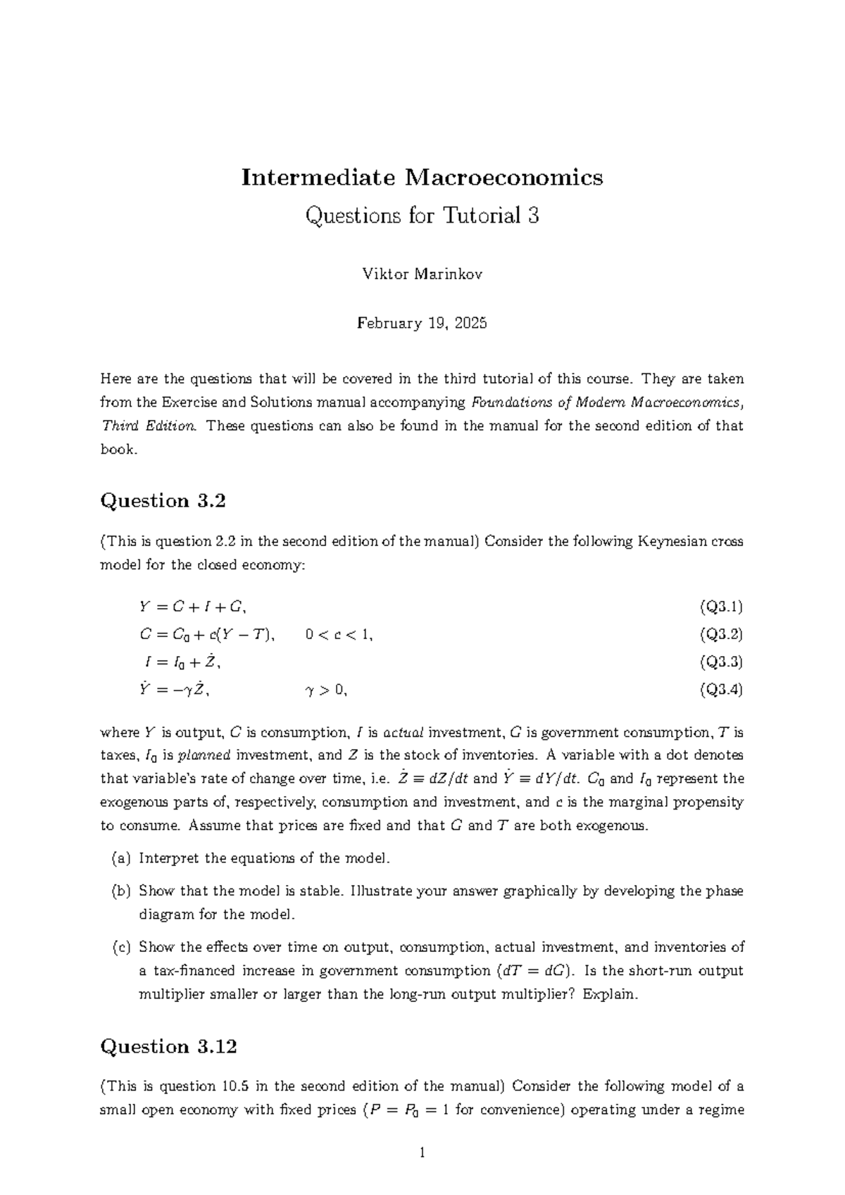 Intermediate Macroeconomics: Tutorial 03 Questions and Insights ...