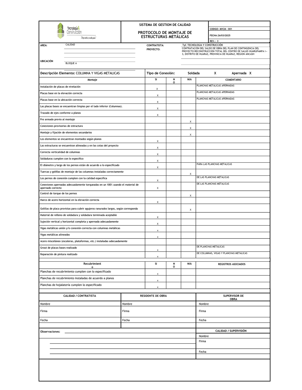 Protocolo de Montaje de Estructuras Metálicas - MVCM 001 - Document Preview