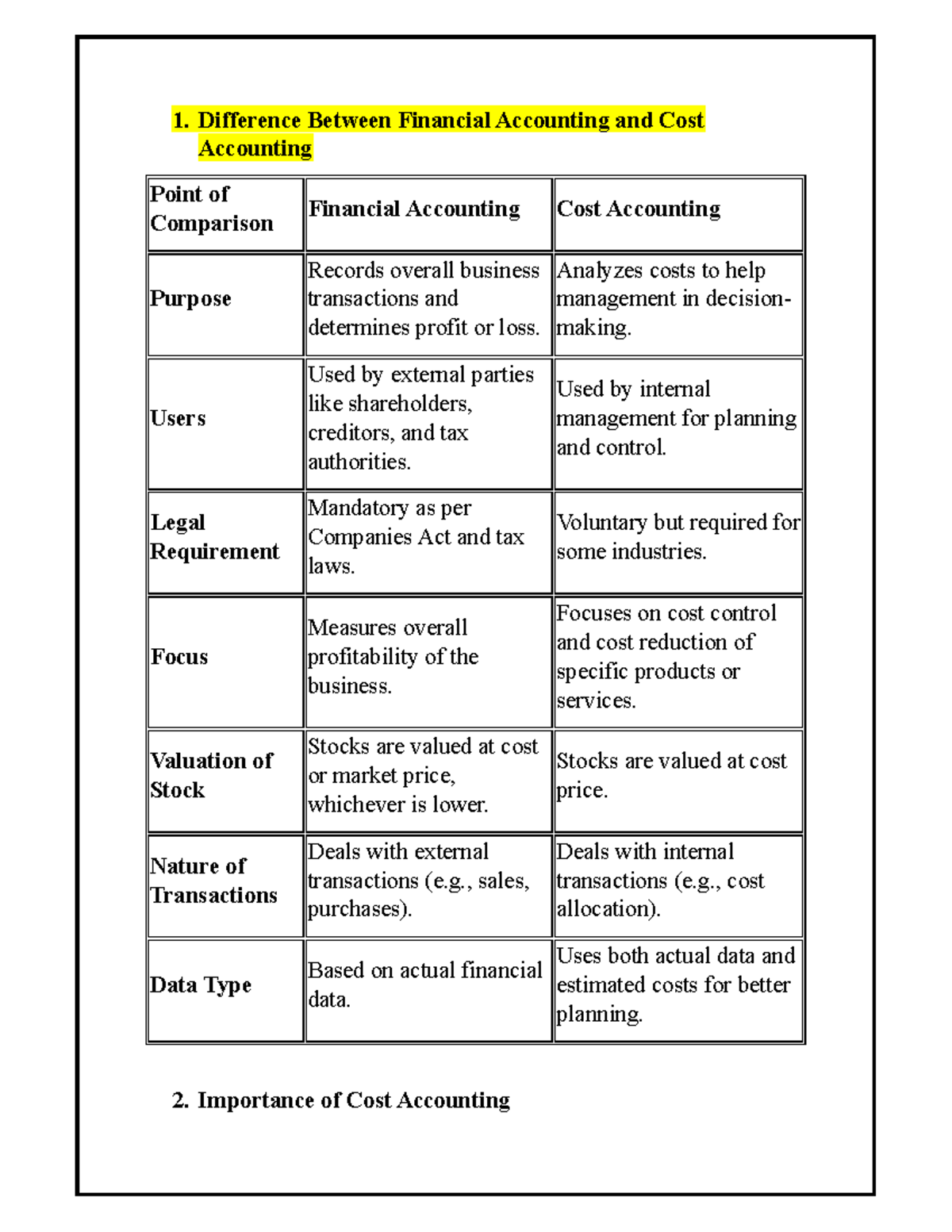 Cost Accounting Chapter 1: Key Differences and Importance - Studocu