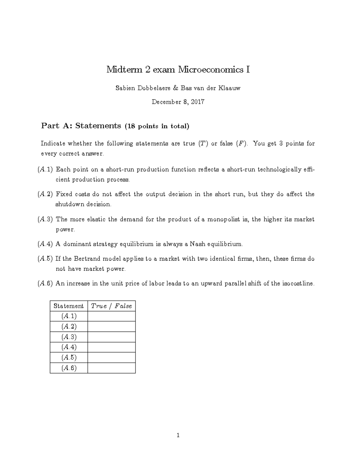 Midterm 2 Exam Study Guide - Microeconomics I (2017) - Studeersnel