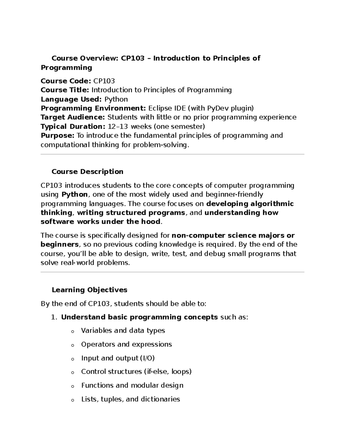 CP103 Course Overview: Intro to Programming with Python - Studocu