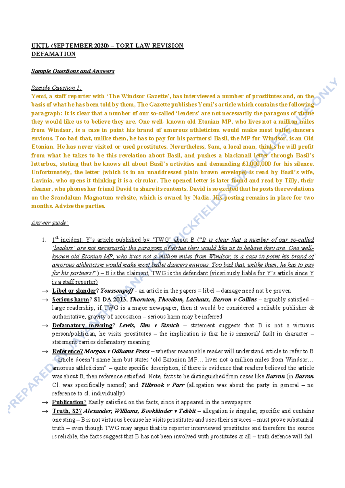 UKTL TORT LAW REVISION: Sample Q&A on Defamation Cases - Studocu