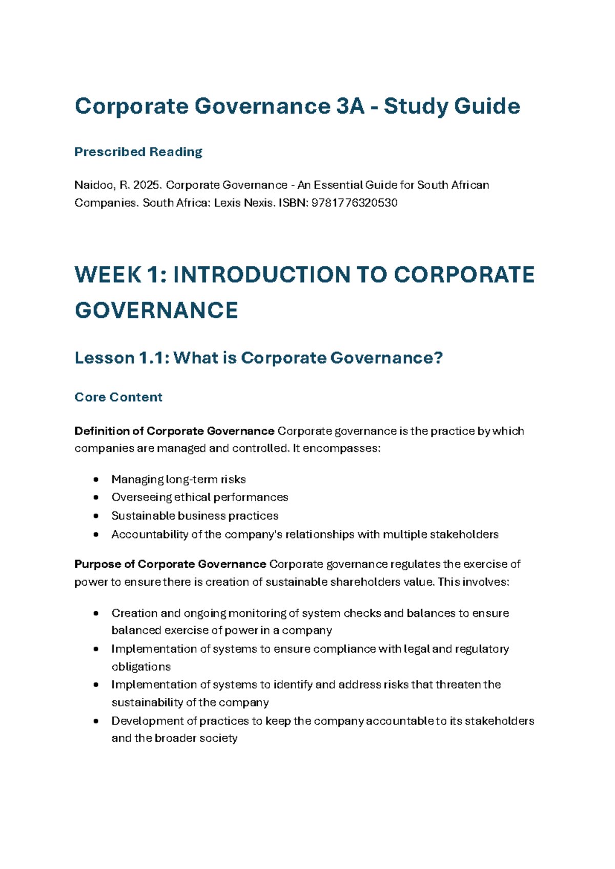 Corporate Gov 3A Study Guide: Key Concepts & King V Insights - Studocu