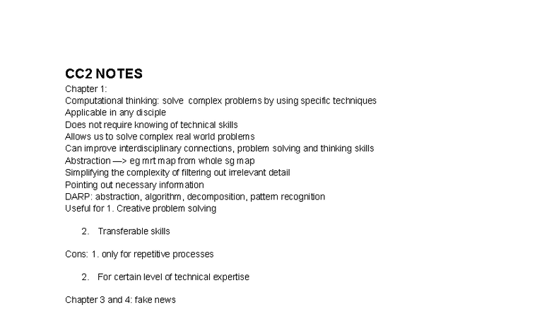 Cc2 notes - jjhiqji - CC2 NOTES Chapter 1: Computational thinking ...