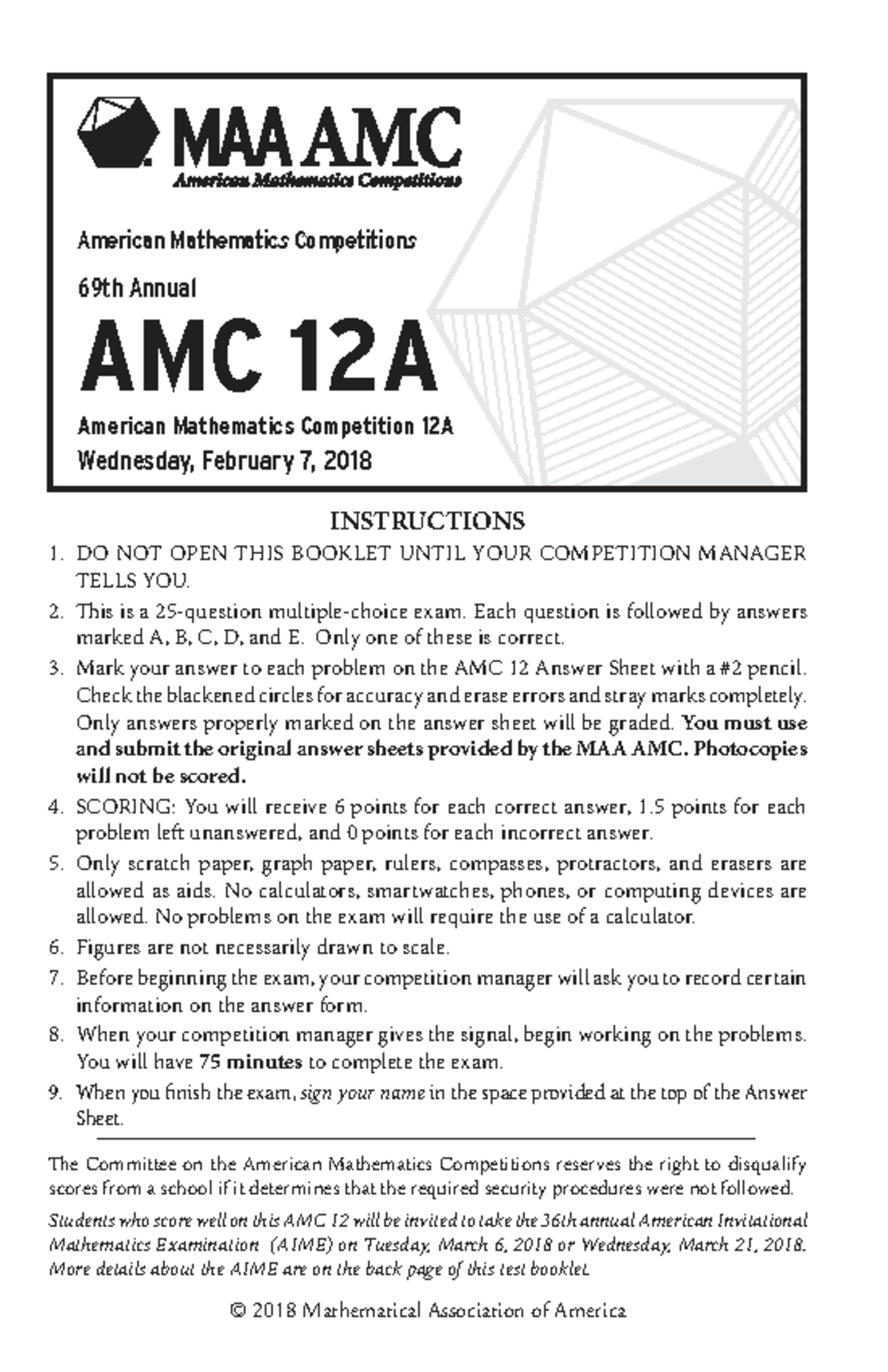 2018 AMC 12A Competition Problems and Instructions - Studocu