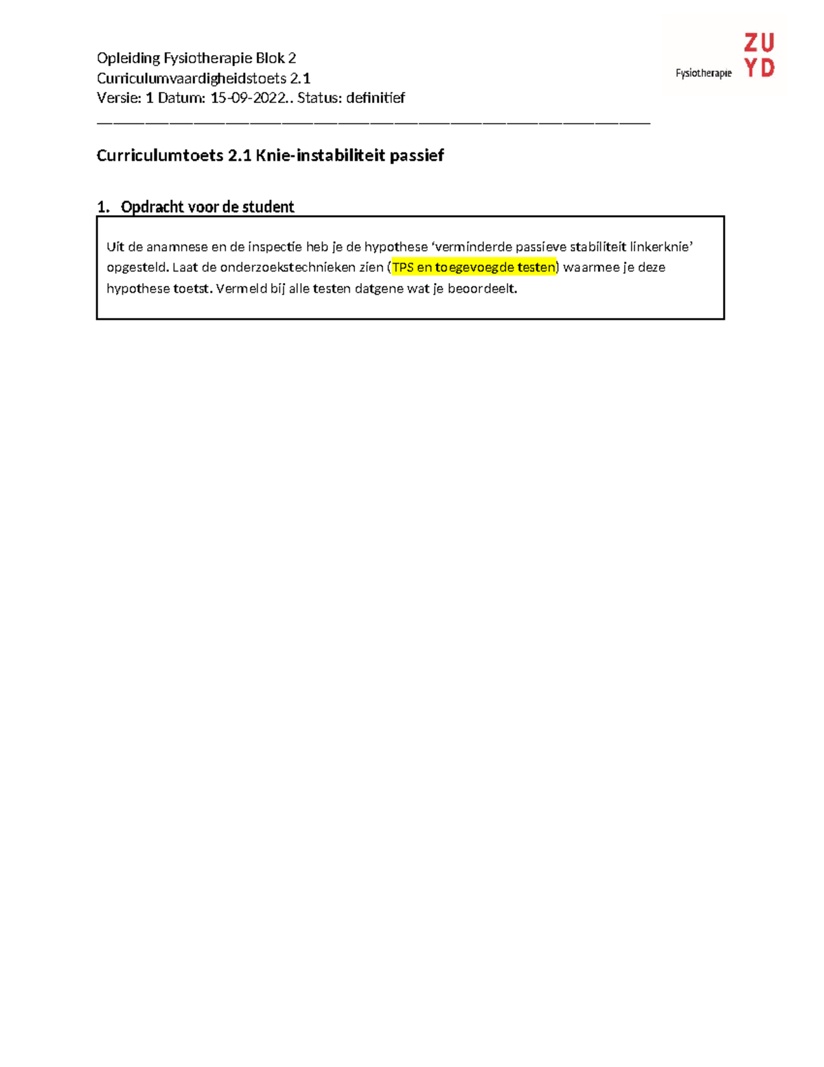 CCVH 2.1 Beoordeling Curriculumtoets Knie-instabiliteit Passief ...